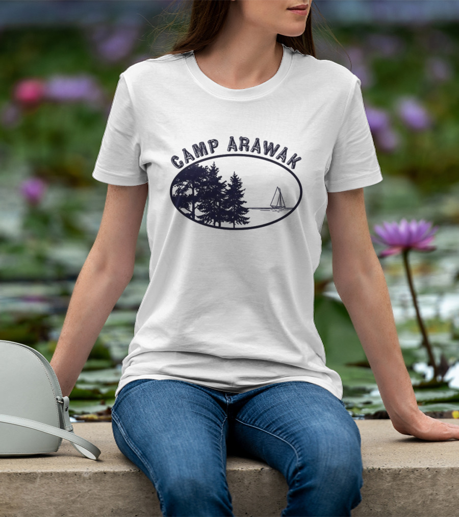 Camp Arawak Trees And Sailboat Scene T-Shirt