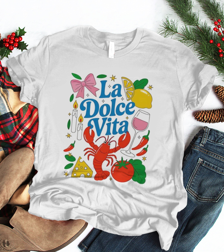 J’aime La Dolce Vita Lobster Lemon Tomato Cheese Bow Candles Wine Peppers T-Shirt