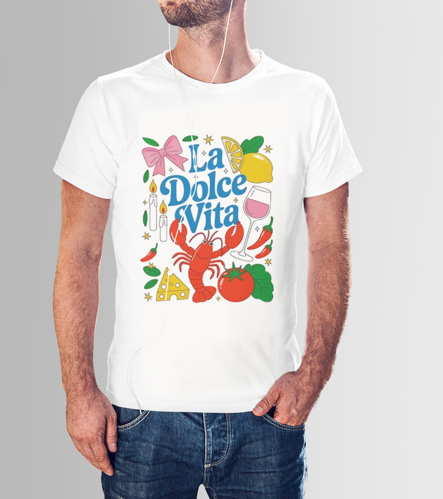 J’aime La Dolce Vita Lobster Lemon Tomato Cheese Bow Candles Wine Peppers T-Shirt