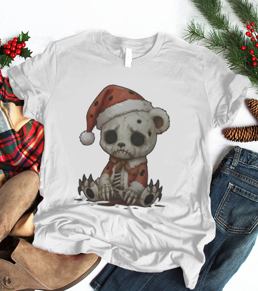Merry & Boney Christmas Creepy Skeleton Teddy Bear Santa Hat T-Shirt
