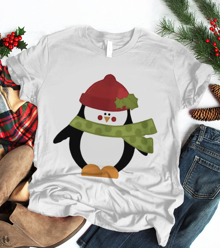 Cute Penguin Christmas Cartoon With Red Hat And Green Scarf T-Shirt