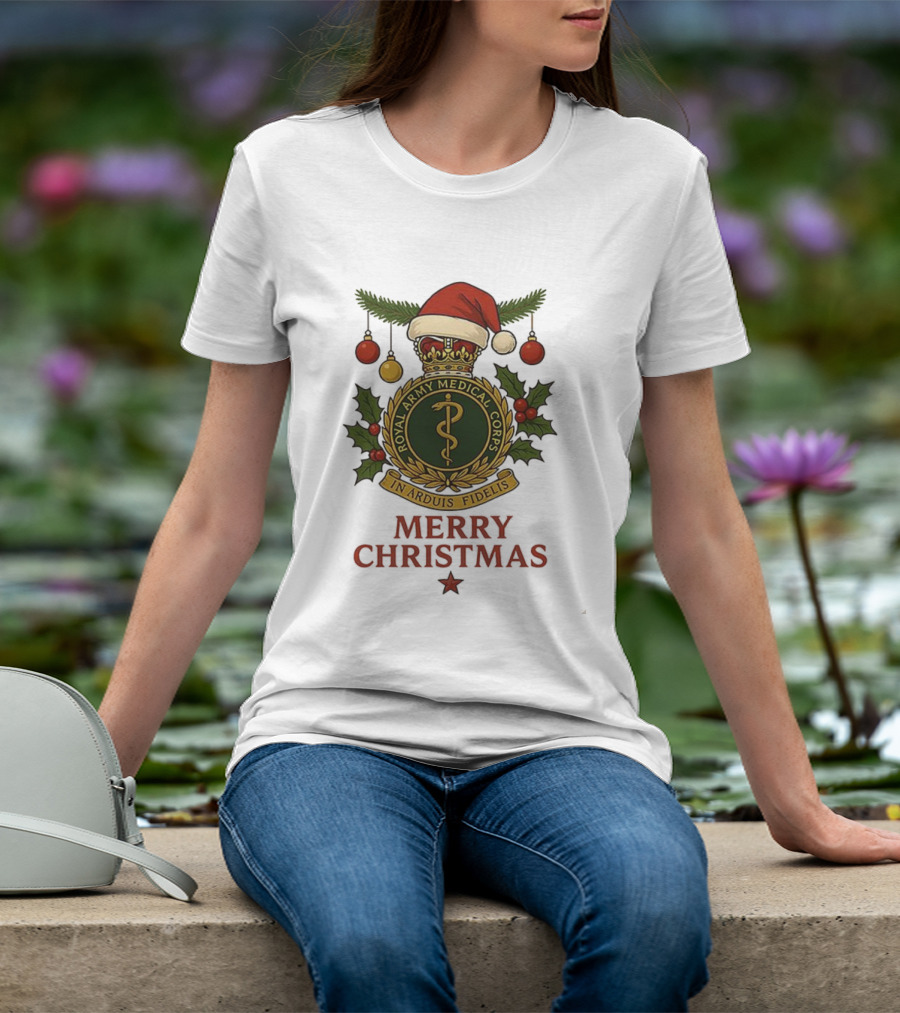Royal Army Medical Corps In Arduis Fidelis Merry Christmas Santa Hat Holiday Theme T-Shirt