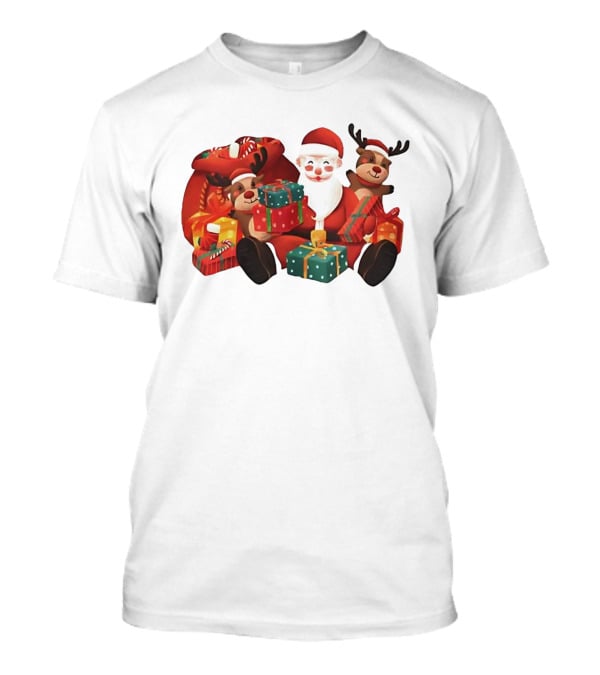 Santa Claus And Reindeer Holding Christmas Gifts With Sack And Ribbon T-Shirt