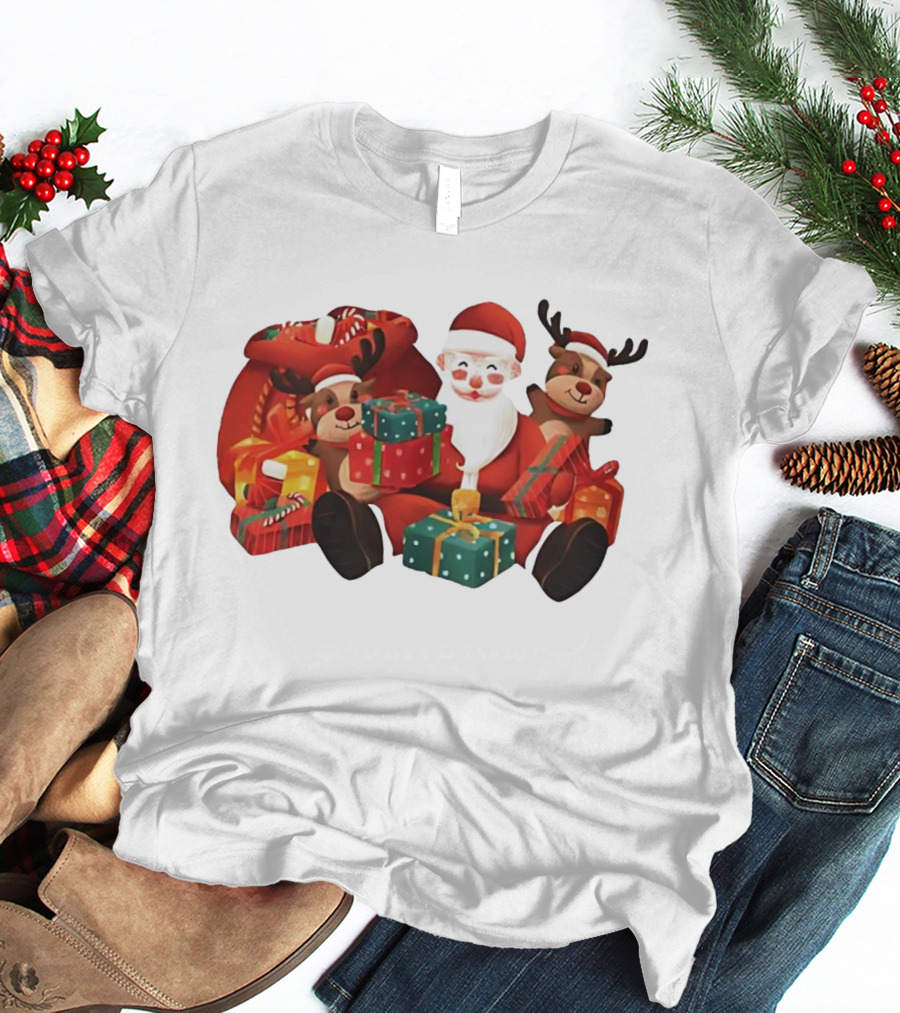 Santa Claus And Reindeer Holding Christmas Gifts With Sack And Ribbon T-Shirt