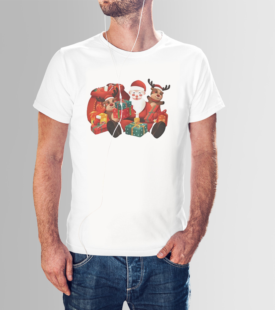 Santa Claus And Reindeer Holding Christmas Gifts With Sack And Ribbon T-Shirt