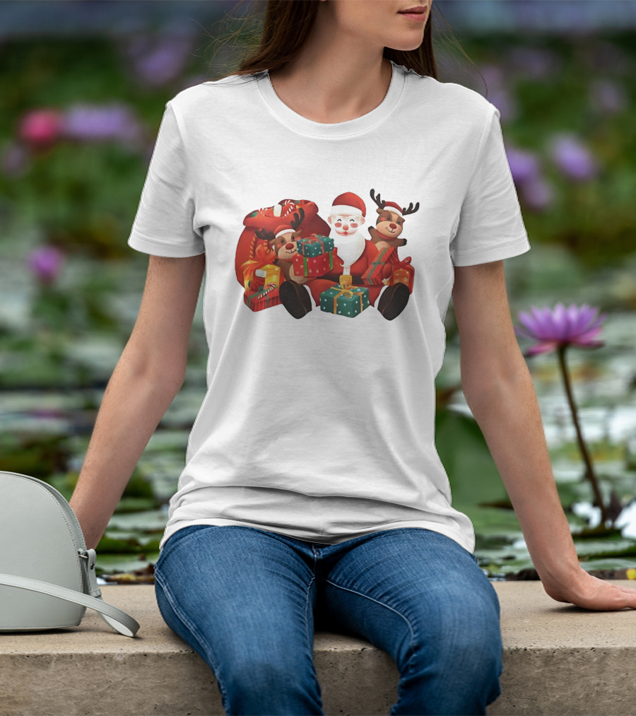 Santa Claus And Reindeer Holding Christmas Gifts With Sack And Ribbon T-Shirt