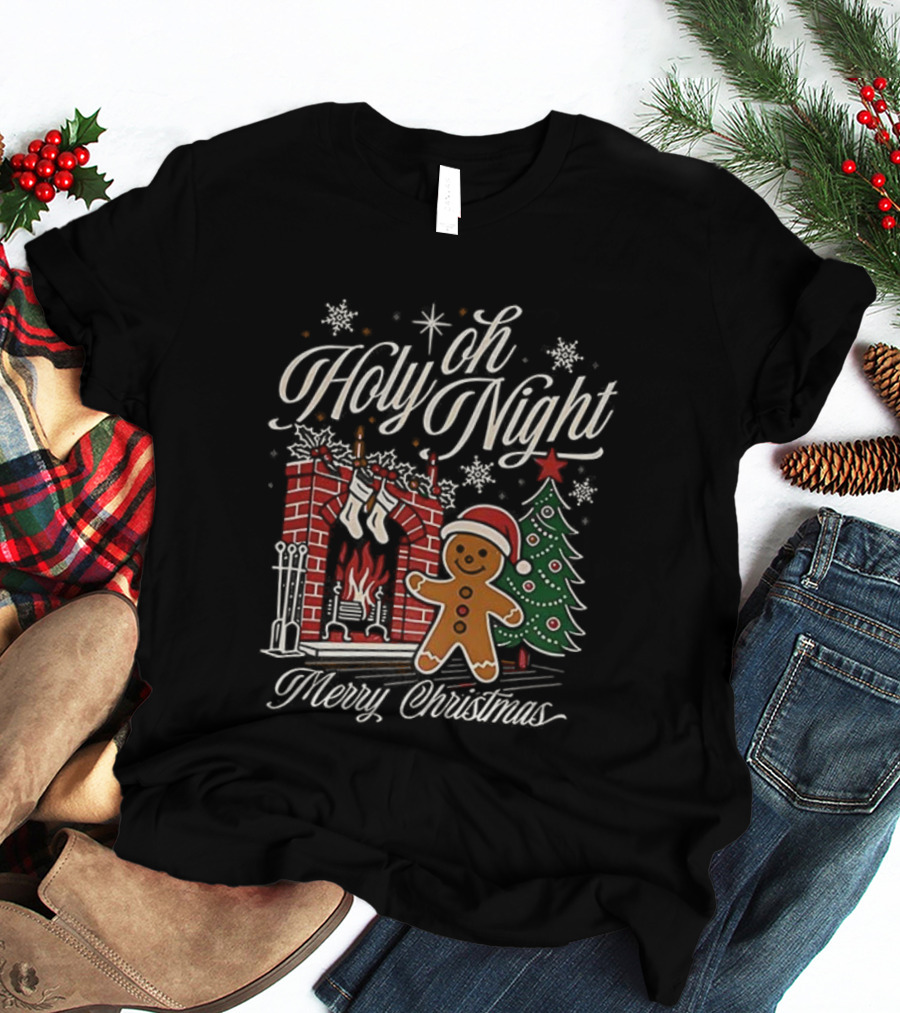Oh Holy Night Gingerbread Merry Christmas By The Fireplace Tree T-Shirt