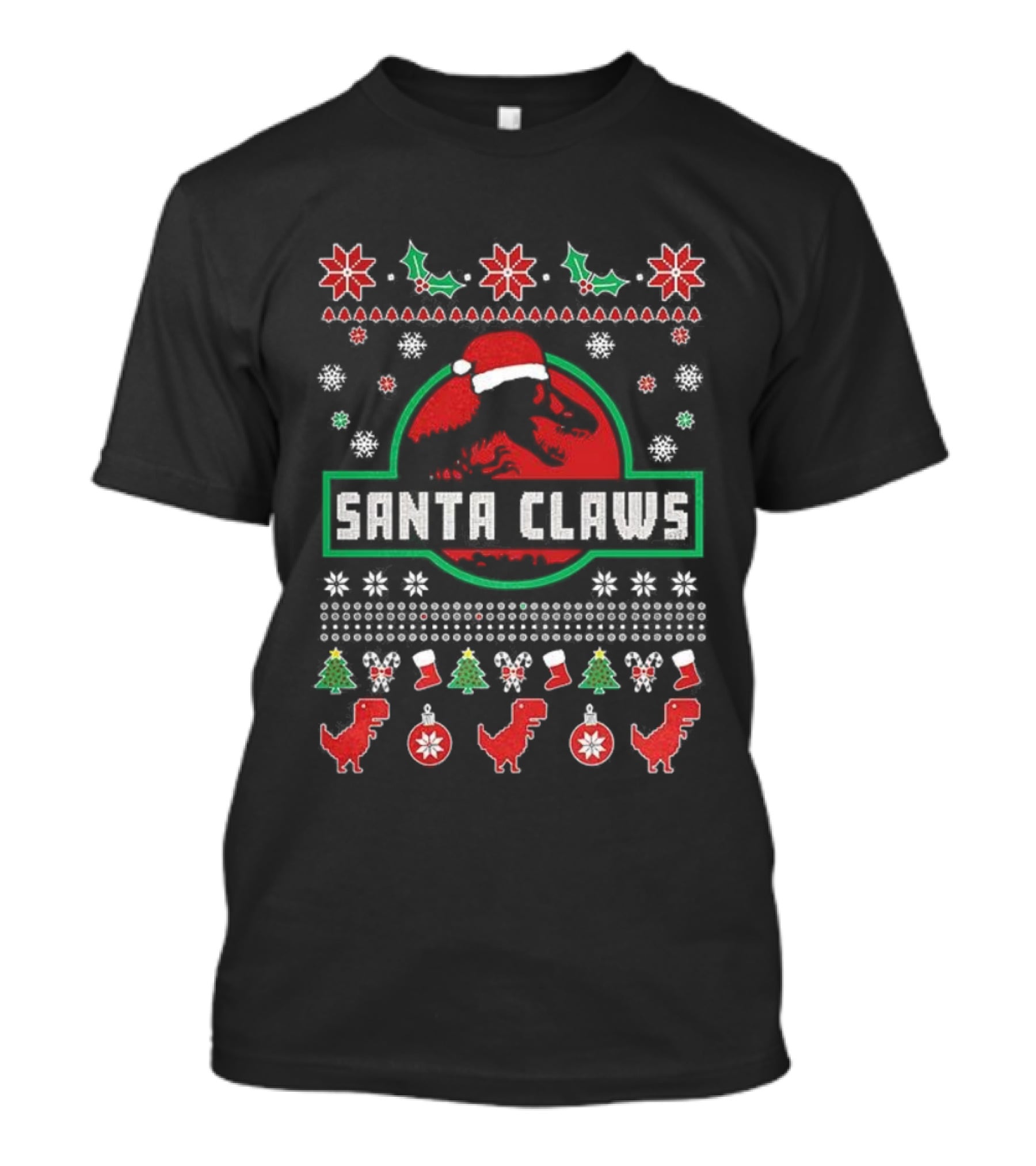 Junior Santa Claws Ho Ho Ho Ugly Christmas Sweater With Dinosaurs T-Shirt