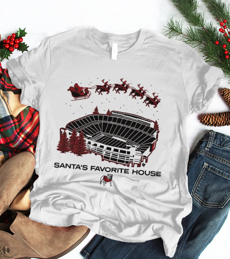 Santa's Favorite House Georgia Bulldogs Sanford Stadium Holiday Scene T-Shirt