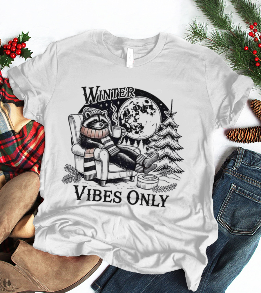 Winter Vibes Only Cute Raccoon By Christmas Tree T-Shirt