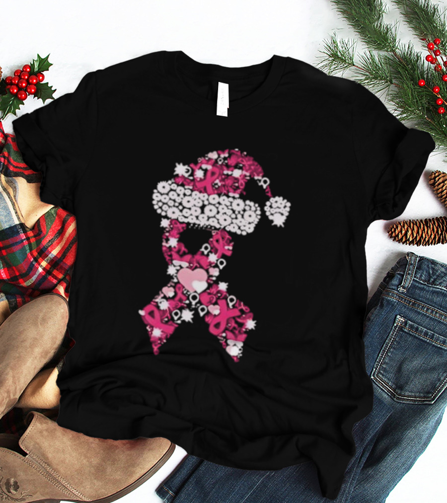 Santa Hat Breast Cancer Awareness Christmas Ribbon T-Shirt