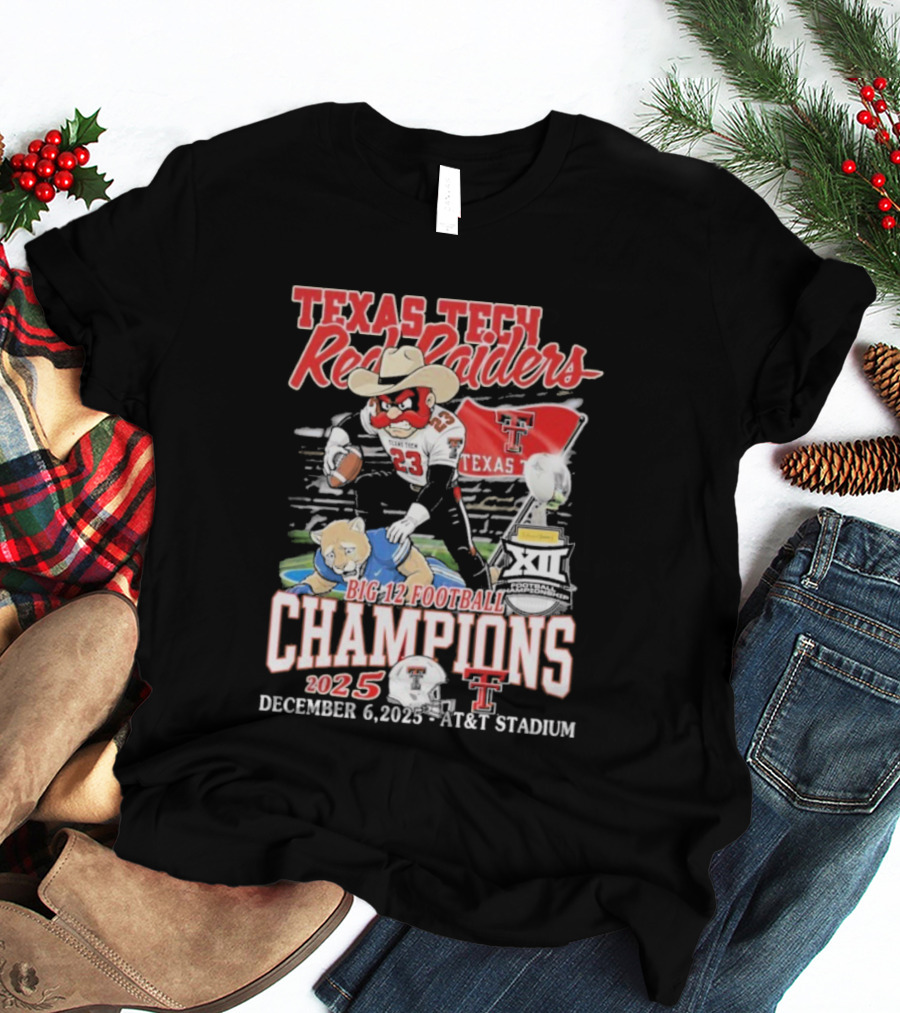 Texas Tech Red Raiders Big 12 Football Champions 2025 Victory Over Brigham Young Cougars December 6 Jones AT&T Stadium T-Shirt