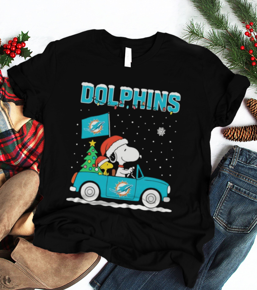 Snoopy WoodStock Santa Christmas Miami Dolphins Car Holiday Scene T-Shirt