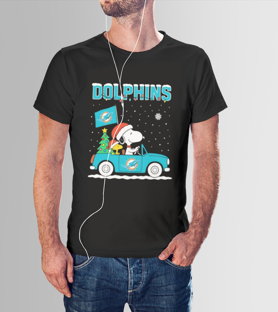 Snoopy WoodStock Santa Christmas Miami Dolphins Car Holiday Scene T-Shirt