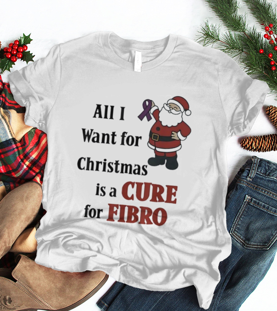 Santa Claus All I Want For Christmas Is A Cure For Fibro Purple Ribbon T-Shirt