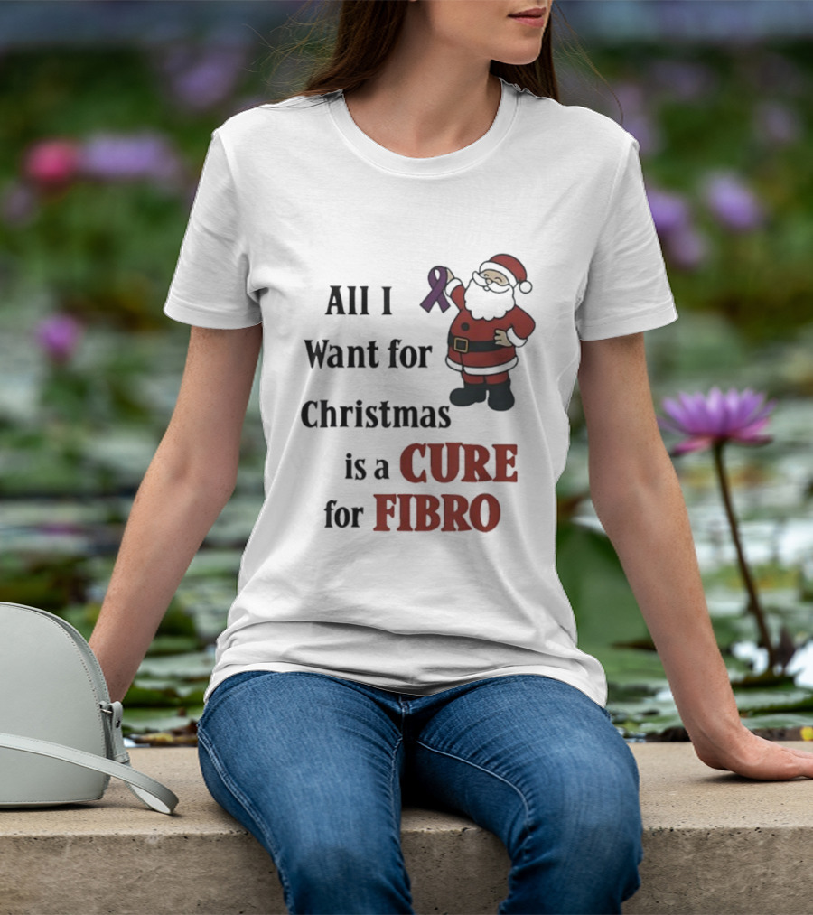 Santa Claus All I Want For Christmas Is A Cure For Fibro Purple Ribbon T-Shirt