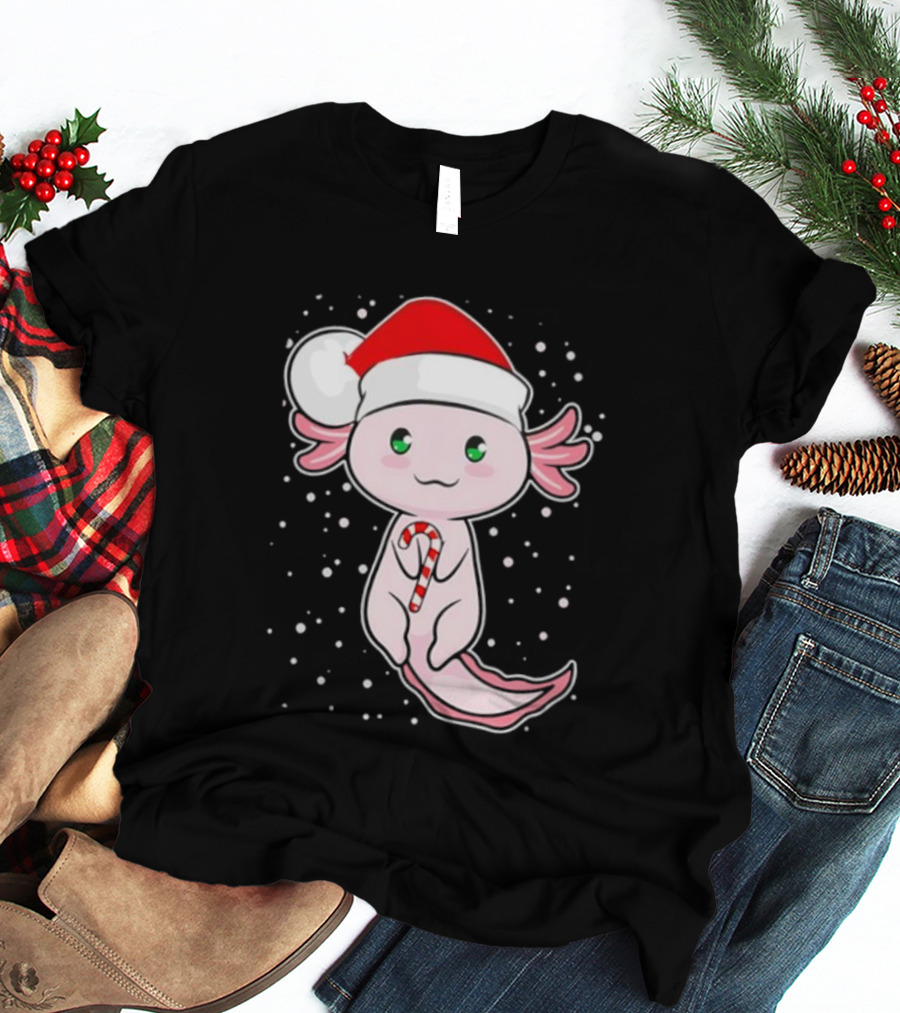 Axolotl Christmas Candy Cane Santa Hat Cute Holiday Snowflakes T-Shirt