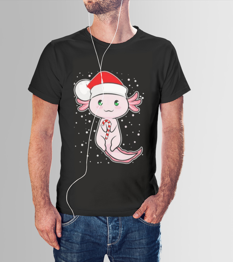 Axolotl Christmas Candy Cane Santa Hat Cute Holiday Snowflakes T-Shirt