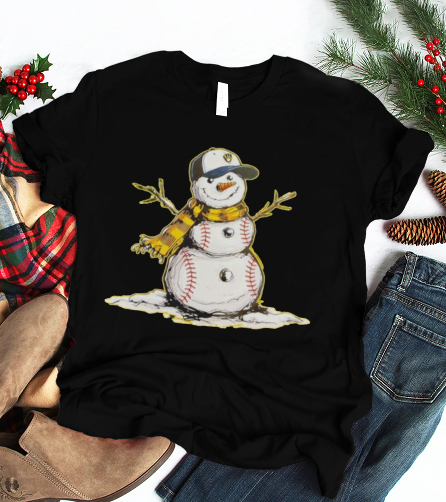 Milwaukee Brewers Baseball Snowman Wearing Cap With Scarf T-Shirt
