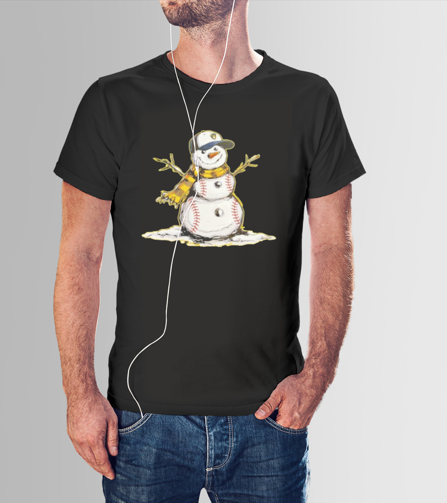 Milwaukee Brewers Baseball Snowman Wearing Cap With Scarf T-Shirt