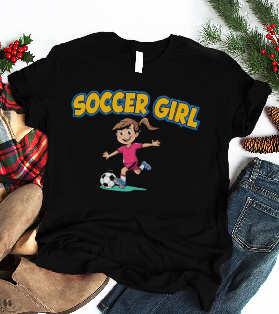 Soccer Girl Funny Cartoon Kid In Red With Soccer Ball T-Shirt