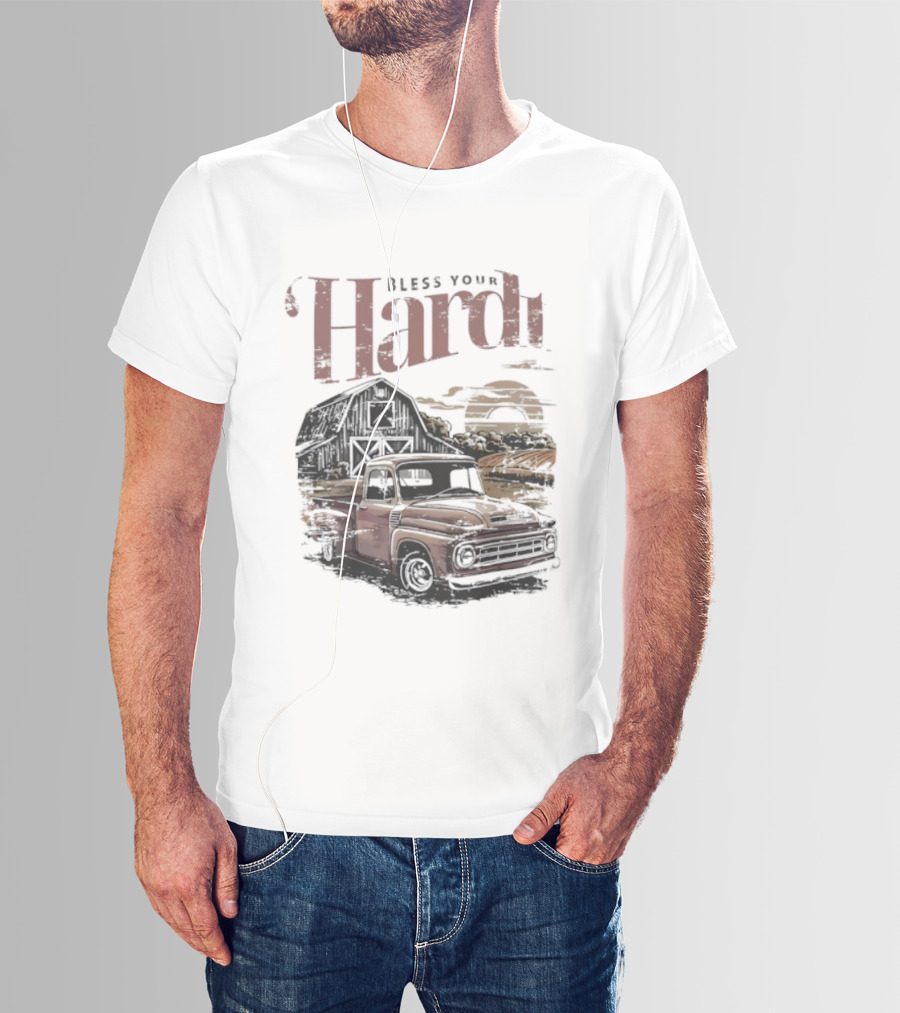 Bless Your Hardt Vintage Truck Barn Sunset Scene T-Shirt