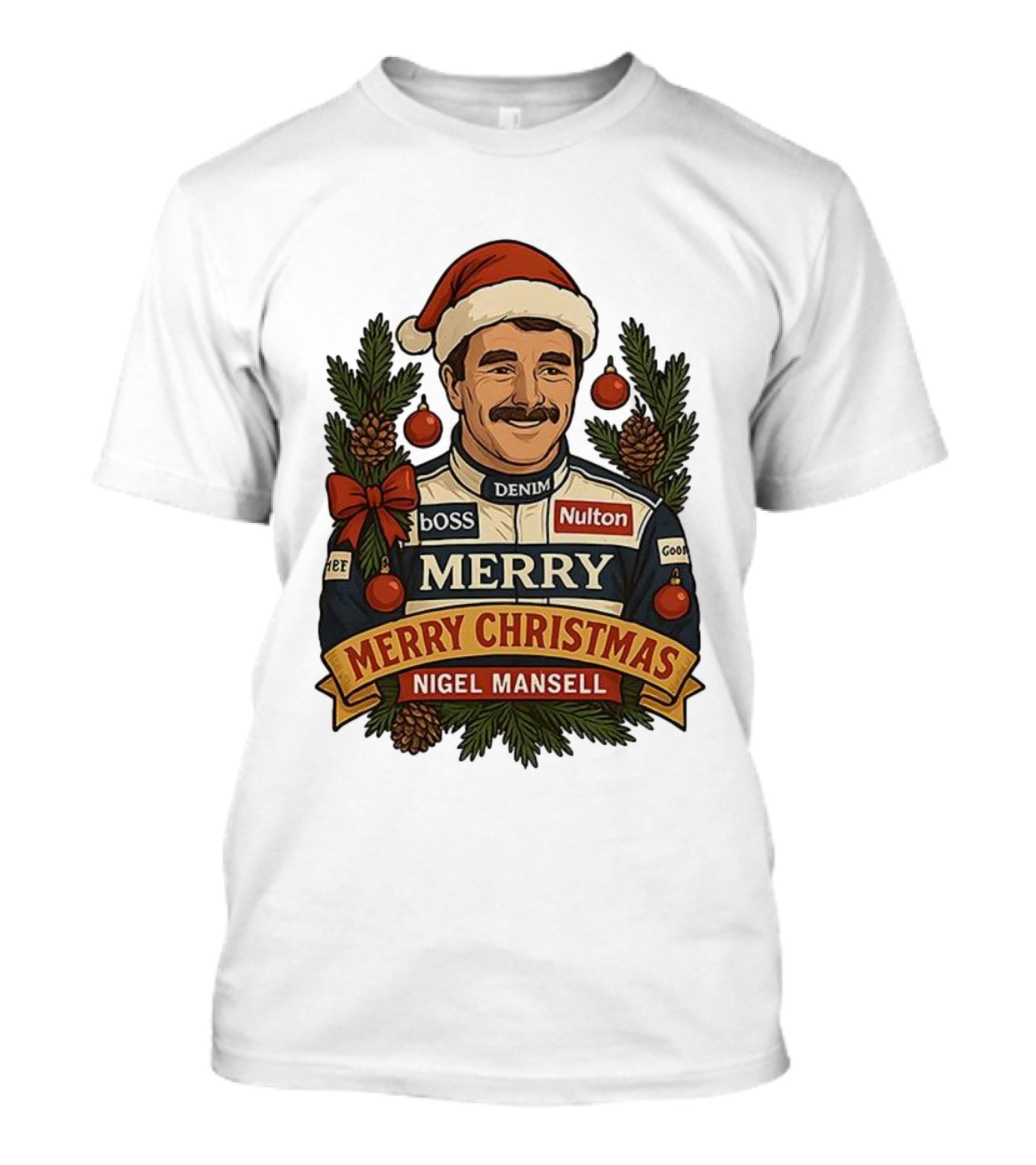 Nigel Mansell Merry Christmas Boss Denim Nulton Goodyear Racing Santa Hat Pinecones T-Shirt