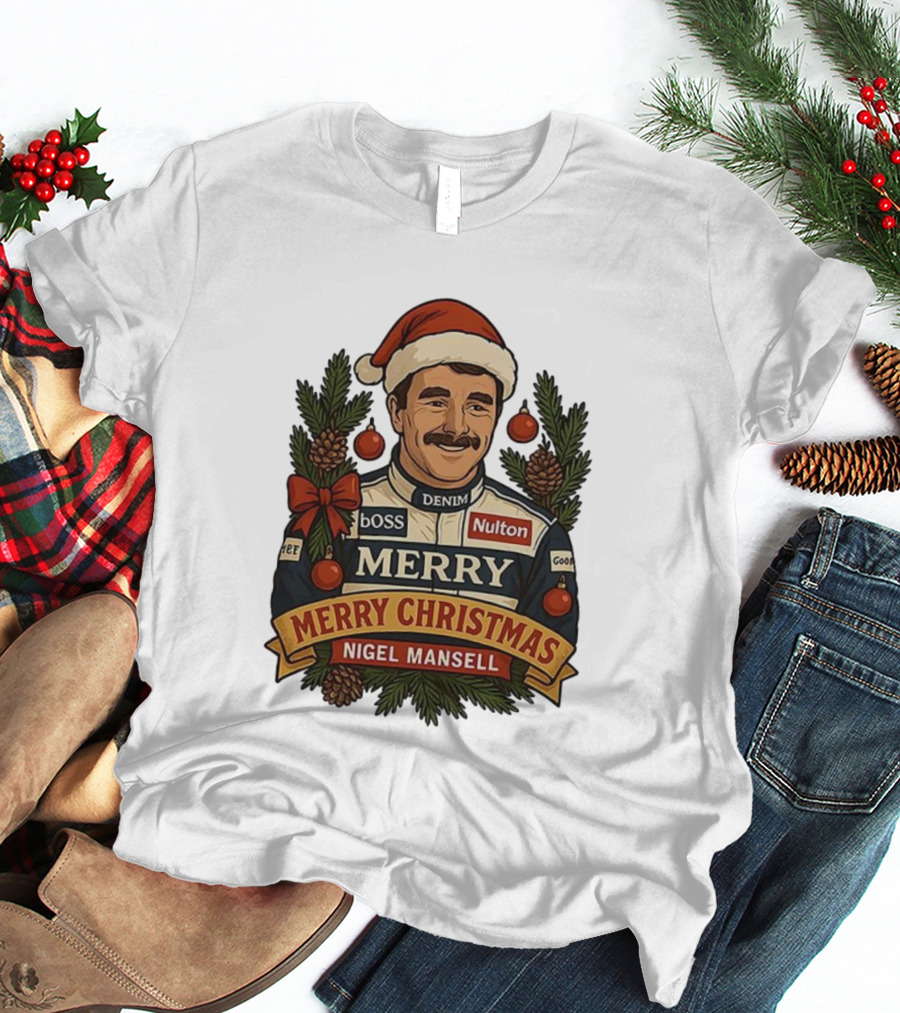 Nigel Mansell Merry Christmas Boss Denim Nulton Goodyear Racing Santa Hat Pinecones T-Shirt