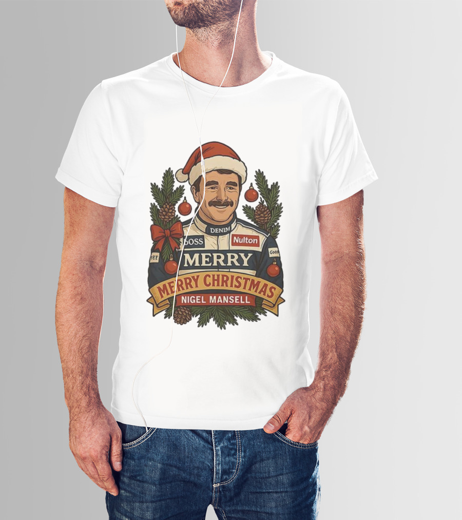 Nigel Mansell Merry Christmas Boss Denim Nulton Goodyear Racing Santa Hat Pinecones T-Shirt