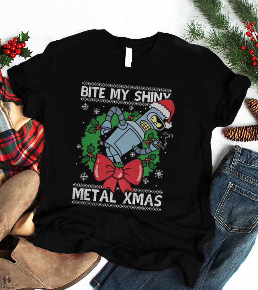 Bite My Shiny Metal Xmas Bender Ugly Christmas T-Shirt