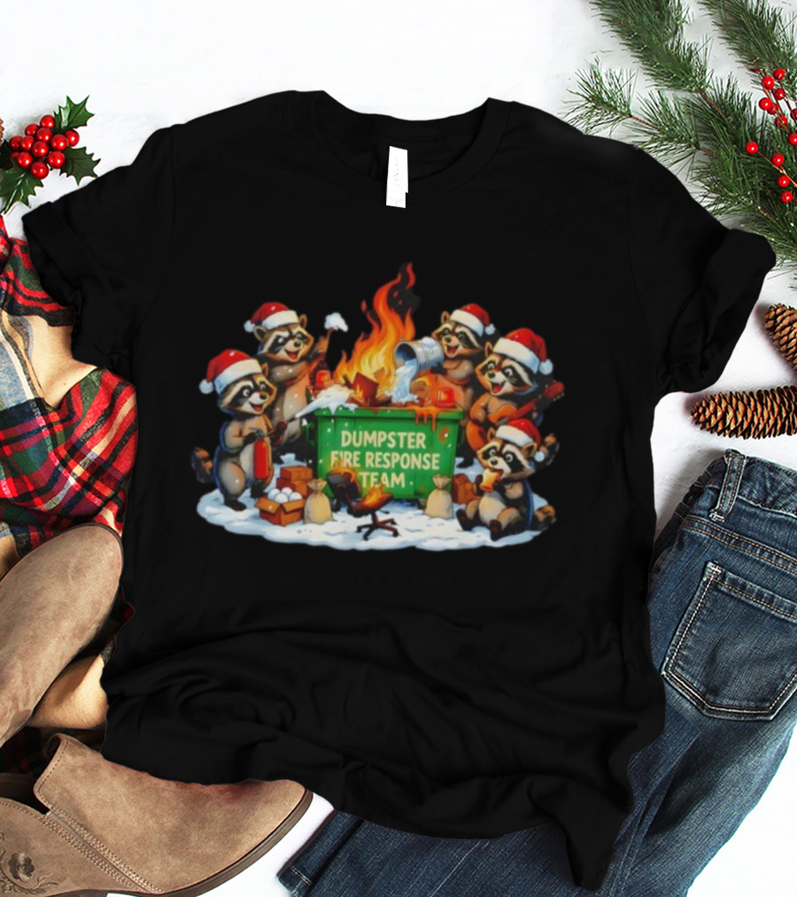 Dumpster Fire Response Team Raccoons Christmas Santa Hats Holiday Humor T-Shirt