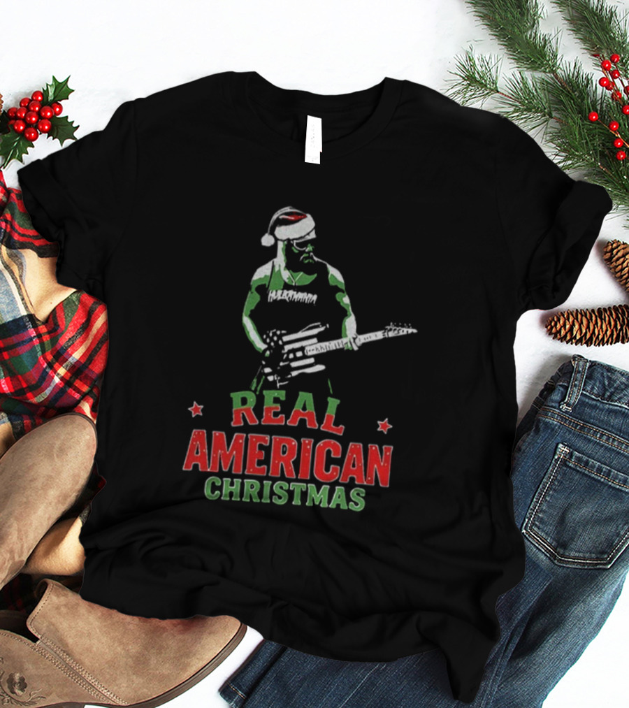 Hulk Hogan Santa Hat Real American Christmas Guitar Holiday T-Shirt