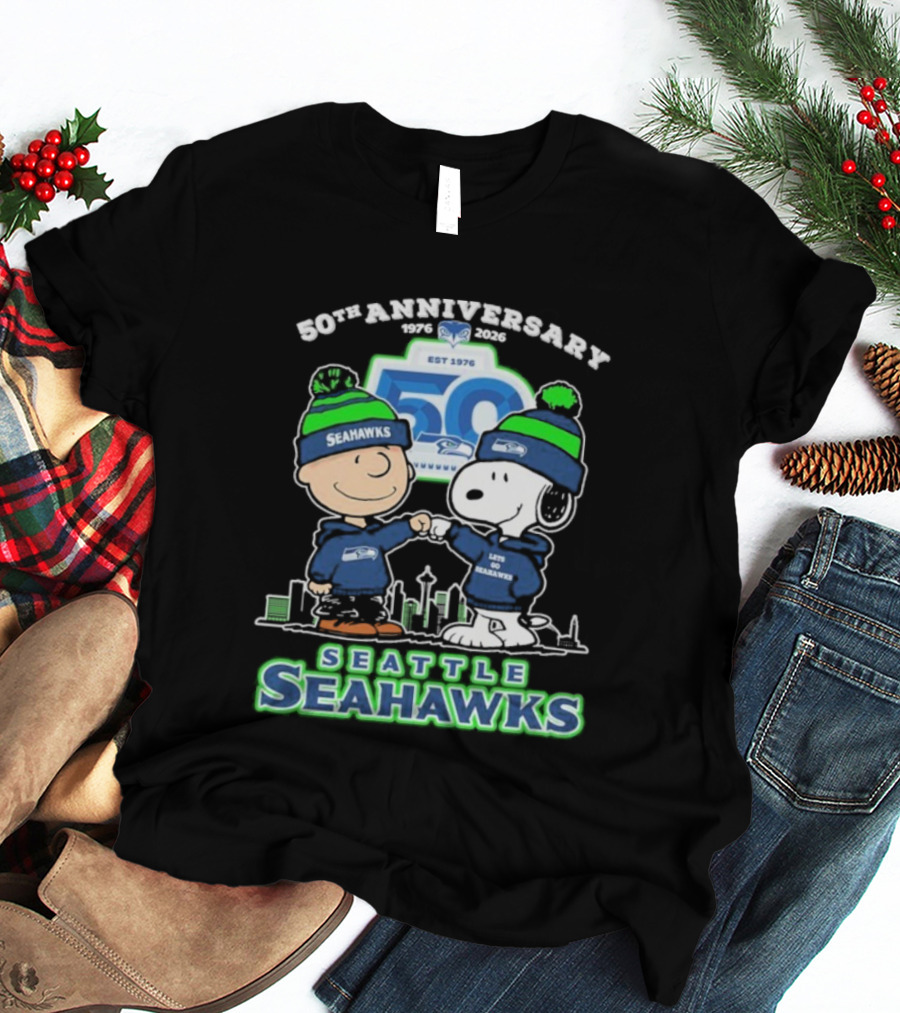 Snoopy Charlie Brown Peanuts Seattle Seahawks 50th Anniversary 1976-2025 T-Shirt