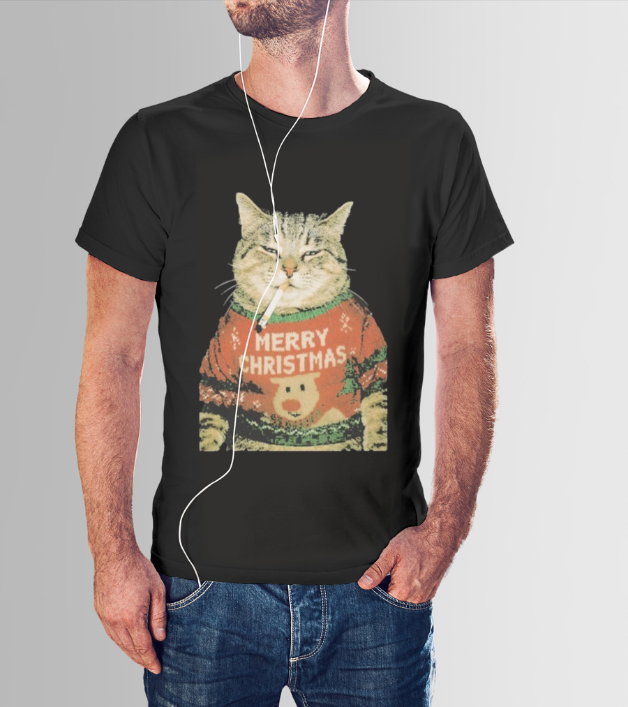 Merry Christmas Cat Sweater Smoking Cat Holiday Bear T-Shirt