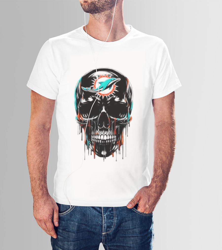 Miami Dolphins Skull Black Art Football Team Skull Fusion T-Shirt
