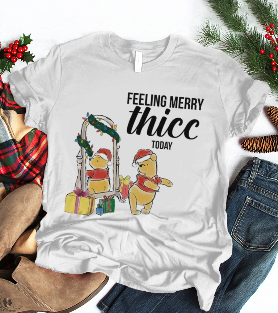 Winnie The Pooh Feeling Merry Thicc Today Christmas Mirror Reflection Holiday Gifts Santa Hat T-Shirt