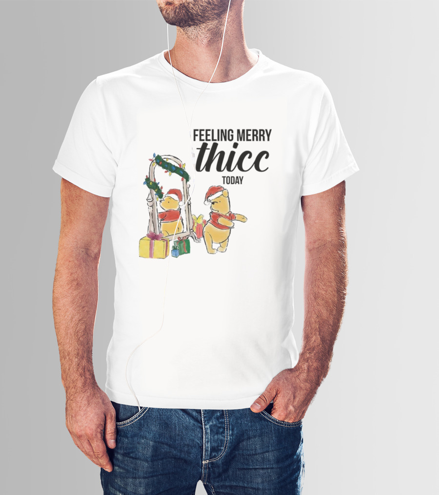Winnie The Pooh Feeling Merry Thicc Today Christmas Mirror Reflection Holiday Gifts Santa Hat T-Shirt