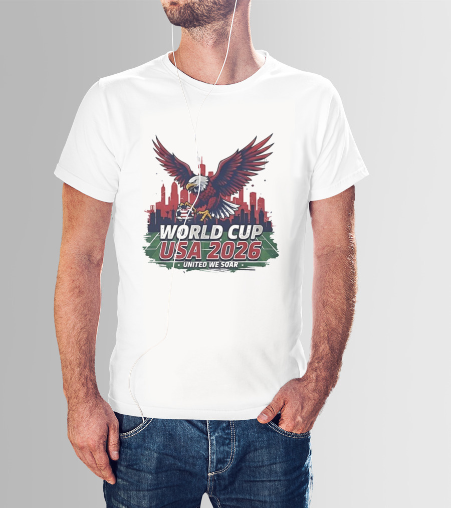 World Cup USA 2026 Bald Eagle United We Soar City Skyline Football Field T-Shirt