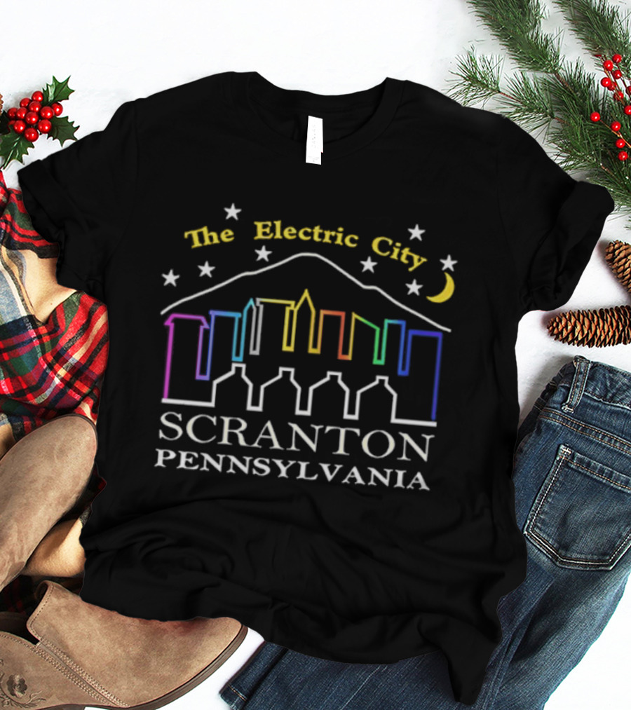 The Electric City Scranton Pennsylvania Skyline Stars Moon Colorful Outlines T-Shirt