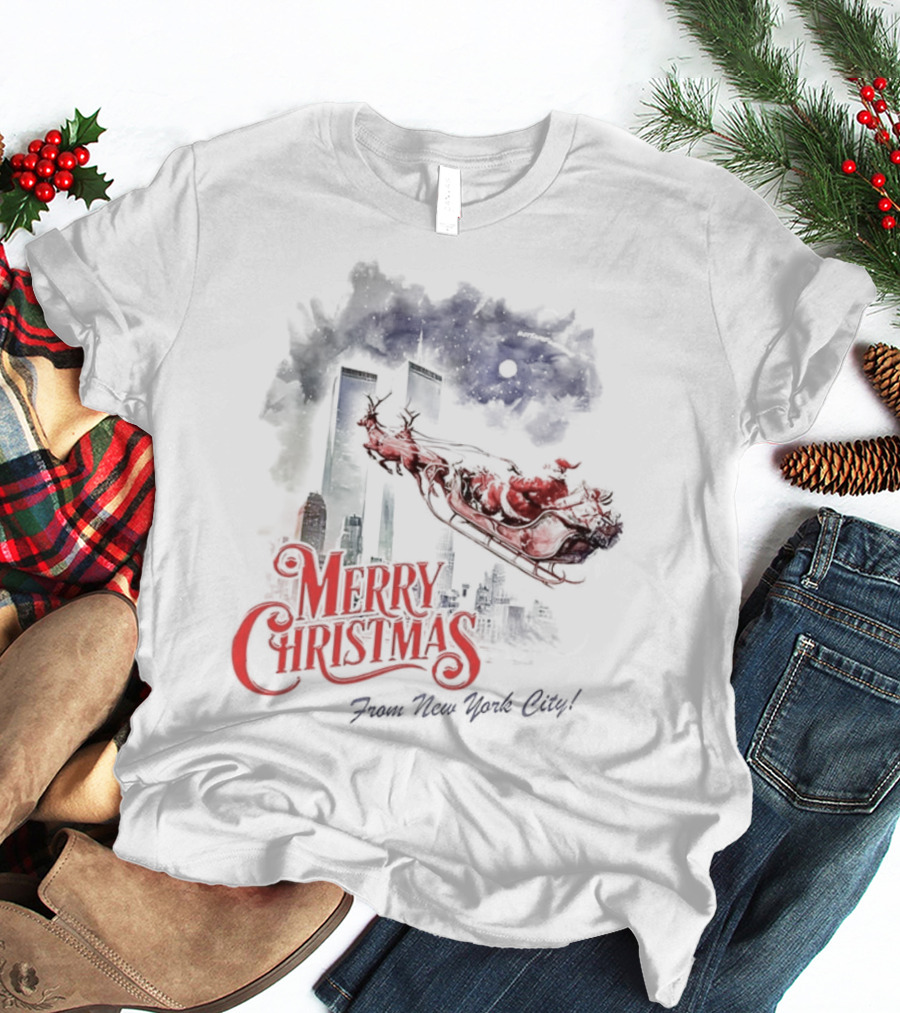 Merry Christmas From New York City Santa And Twin Towers 9 11 Caricature T-Shirt