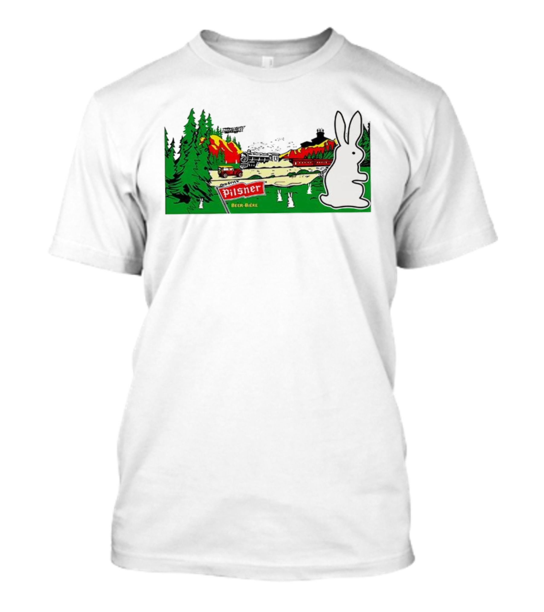 Old Style Pilsner Beer Bière Vintage Cartoon Rabbit Forest Scene T-Shirt