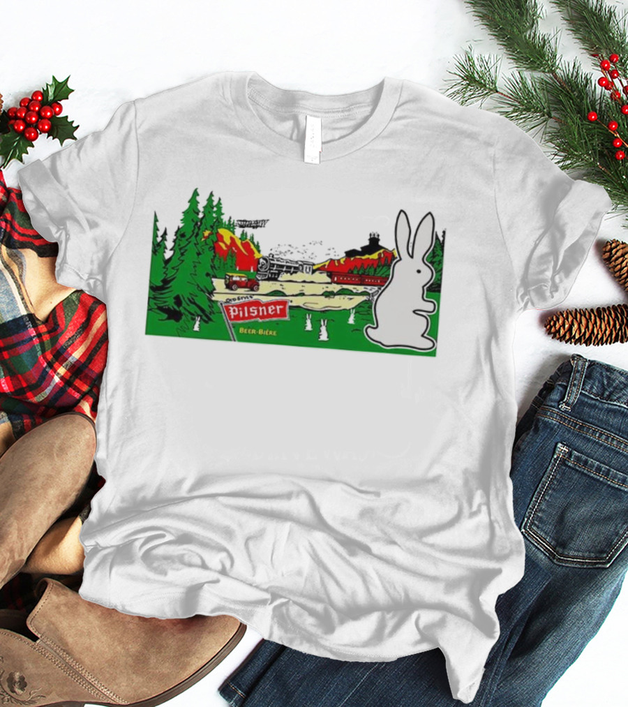 Old Style Pilsner Beer Bière Vintage Cartoon Rabbit Forest Scene T-Shirt