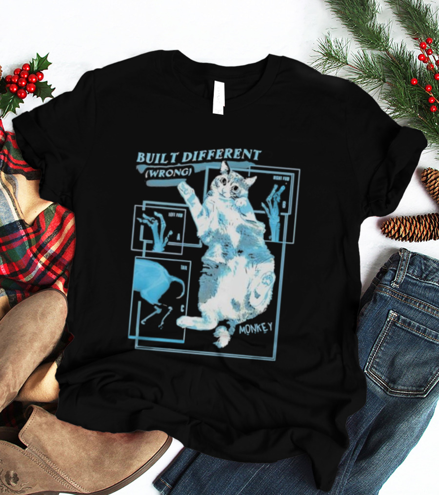 Built Different Wrong Monkey Cat Blueprint Diagram T-Shirt