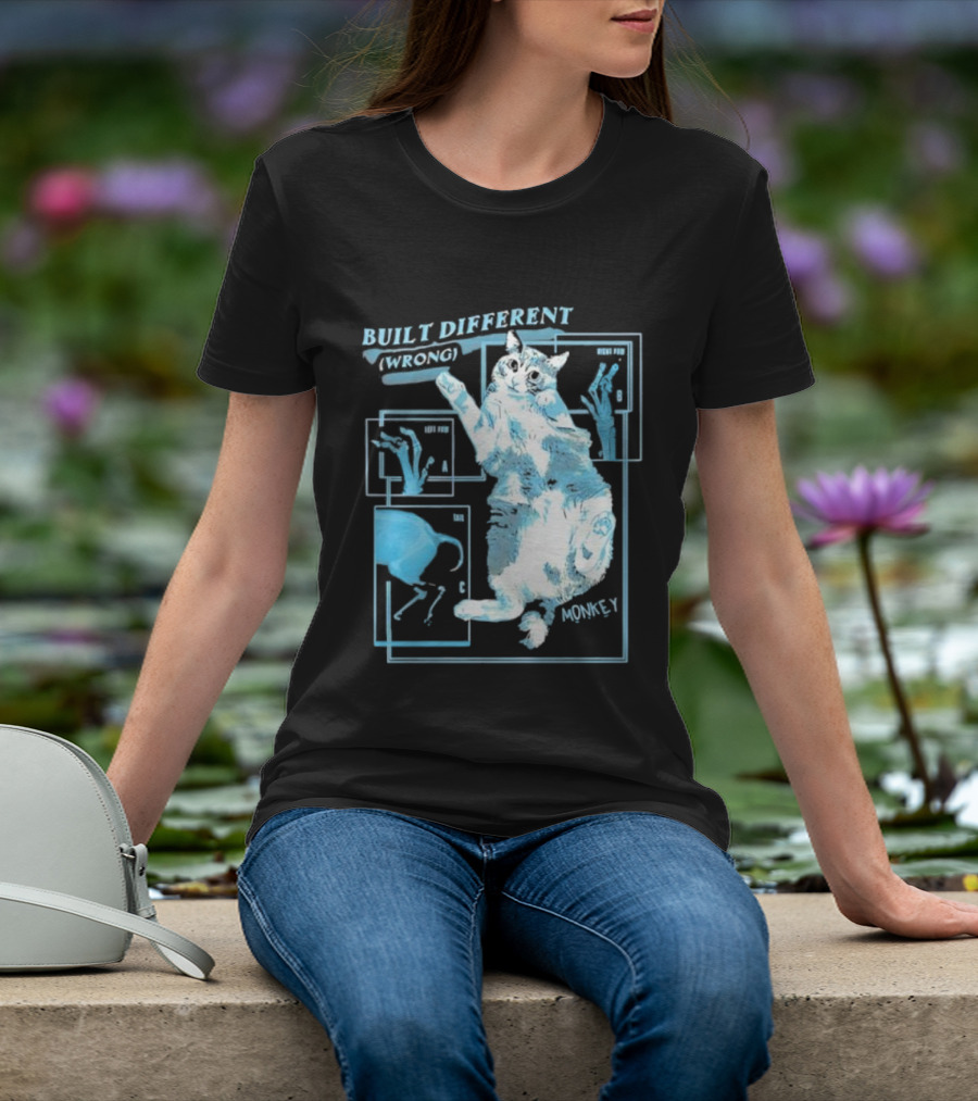 Built Different Wrong Monkey Cat Blueprint Diagram T-Shirt
