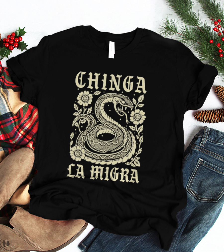 Chinga La Migra Snake Floral Motif T-Shirt