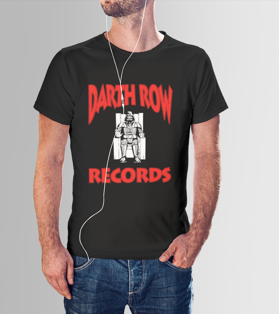 Darth Row Records Sitting Figure Bold Red Text T-Shirt