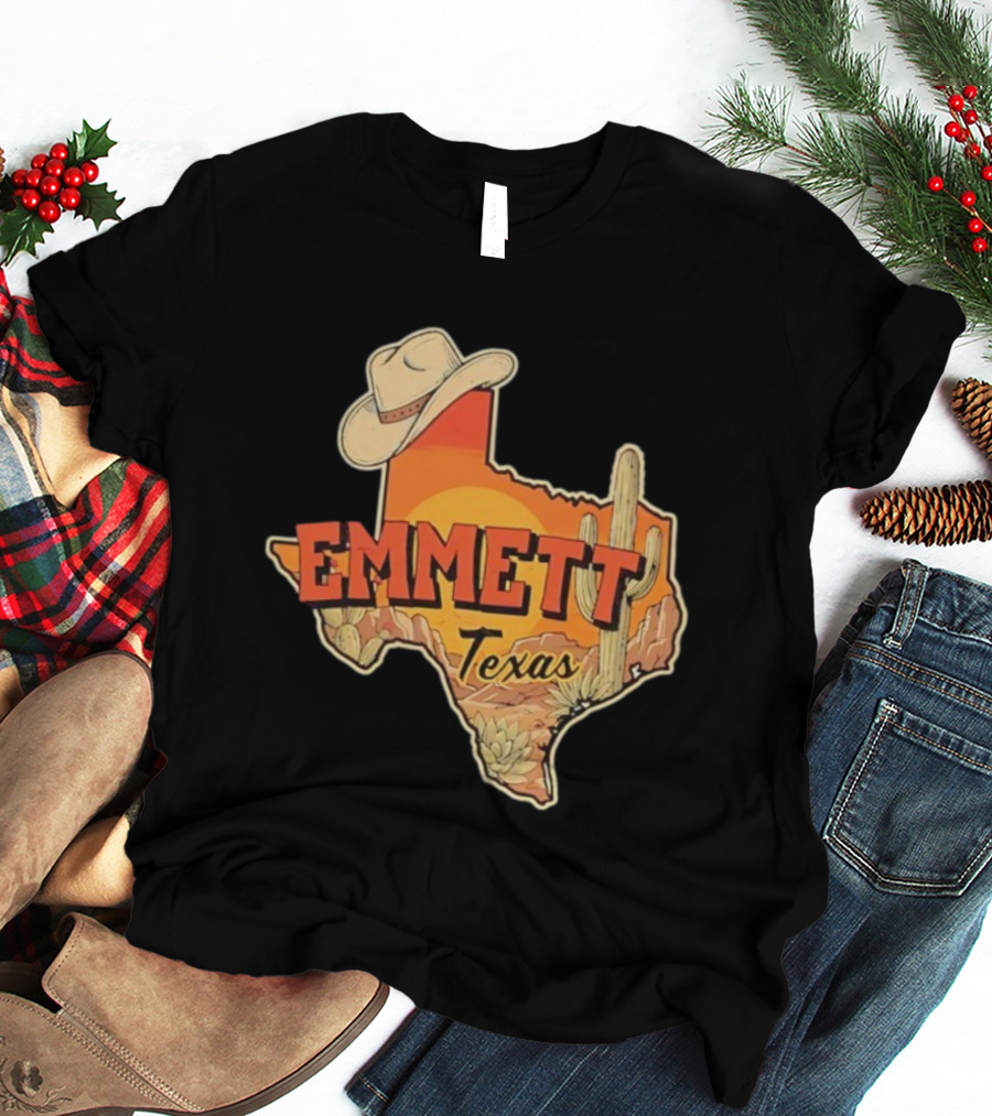 Emmett Texas Cowboy Hat Cactus Sunset Vintage Desert Scene T-Shirt