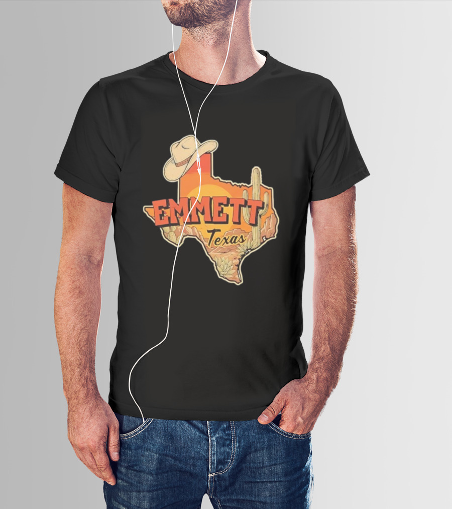 Emmett Texas Cowboy Hat Cactus Sunset Vintage Desert Scene T-Shirt
