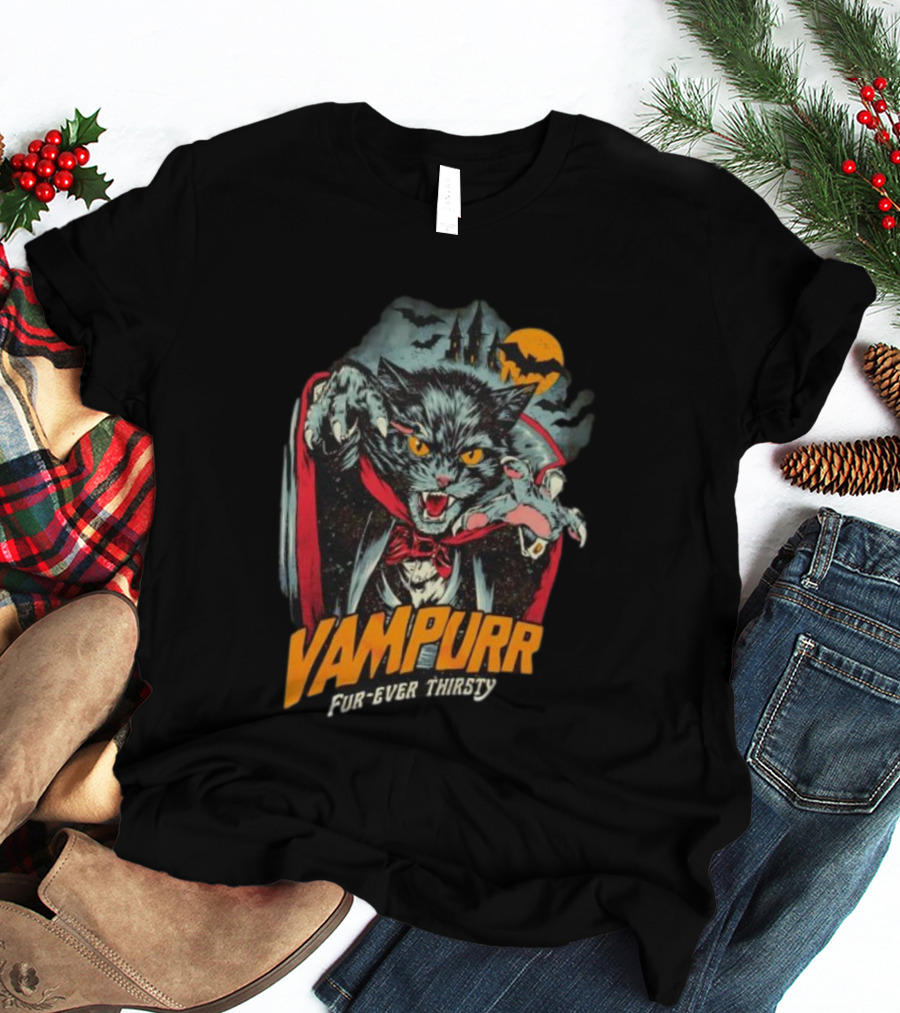 Vampurr Fur-Ever Thirsty Vampire Cat Halloween Moon Bats T-Shirt