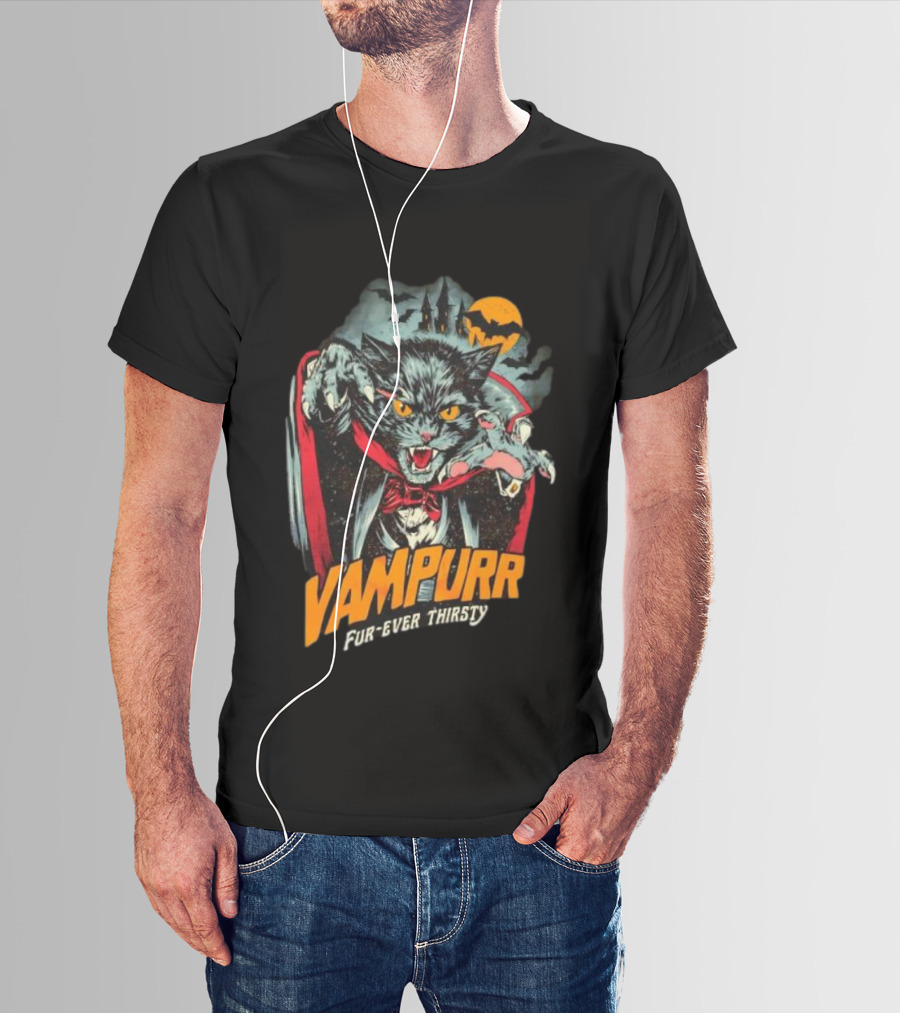 Vampurr Fur-Ever Thirsty Vampire Cat Halloween Moon Bats T-Shirt